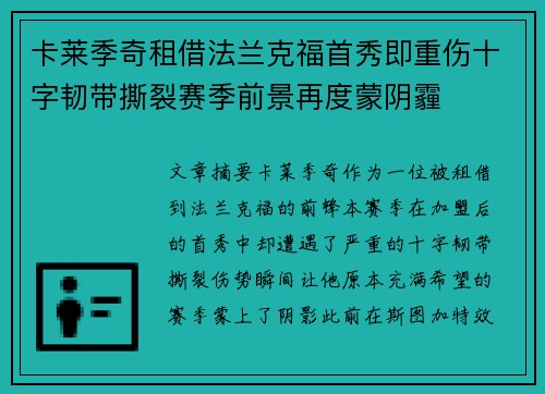 卡莱季奇租借法兰克福首秀即重伤十字韧带撕裂赛季前景再度蒙阴霾